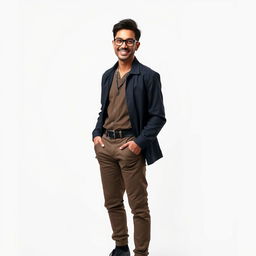 A portrait of a person standing confidently, wearing a stylish outfit, with a detailed expression full of personality