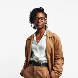 A portrait of a person standing confidently, wearing a stylish outfit, with a detailed expression full of personality