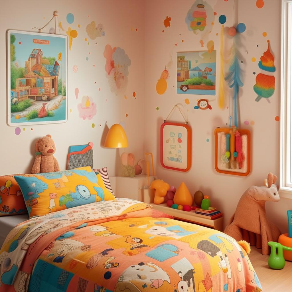 A vibrant children's bedroom filled with colorful toys, a cozy bed with cute cartoon-themed bedspread, and educational posters on the wall illuminated by soft, warm light.