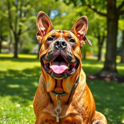 a happy, playful mastiff dog sitting and looking directly at the viewer, with its tongue out and ears perked up, showing a joyful expression