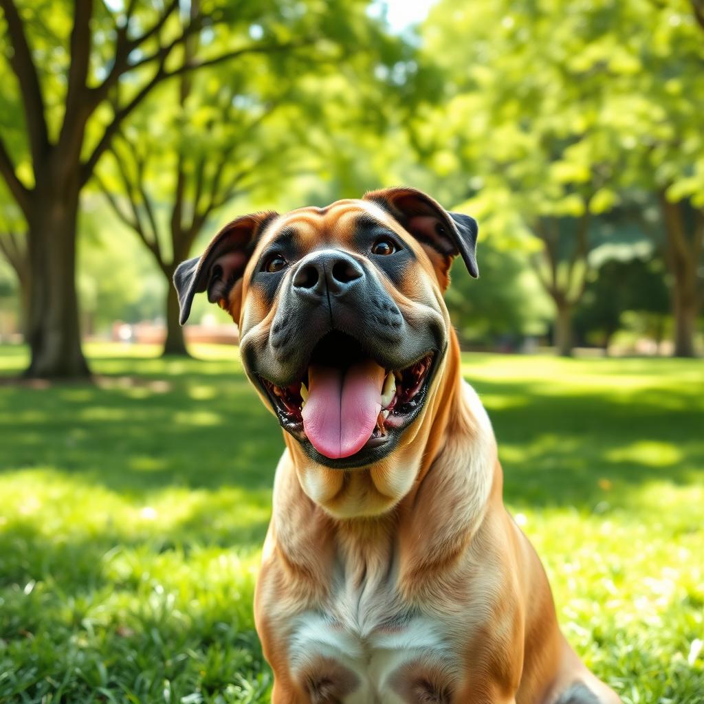 a happy, playful mastiff dog sitting and looking directly at the viewer, with its tongue out and ears perked up, showing a joyful expression