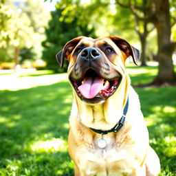 a happy, playful mastiff dog sitting and looking directly at the viewer, with its tongue out and ears perked up, showing a joyful expression