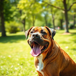 a happy, playful mastiff dog sitting and looking directly at the viewer, with its tongue out and ears perked up, showing a joyful expression