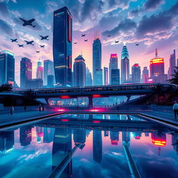 A visually stunning scene showcasing a futuristic cityscape with towering skyscrapers, vibrant neon lights illuminating the night sky