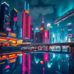 A visually stunning scene showcasing a futuristic cityscape with towering skyscrapers, vibrant neon lights illuminating the night sky