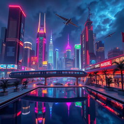 A visually stunning scene showcasing a futuristic cityscape with towering skyscrapers, vibrant neon lights illuminating the night sky