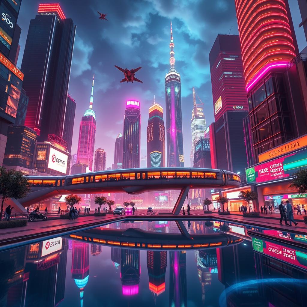 A visually stunning scene showcasing a futuristic cityscape with towering skyscrapers, vibrant neon lights illuminating the night sky