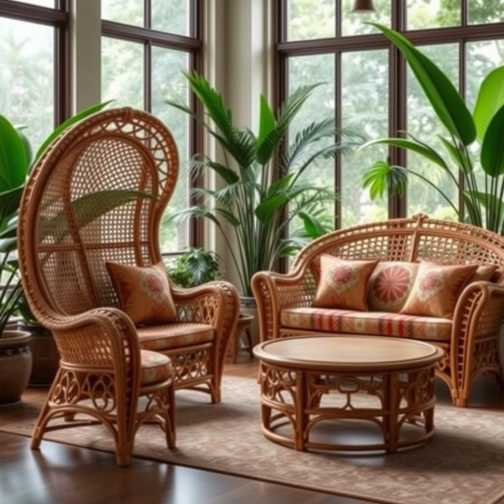 A beautifully crafted Bangladeshi cane furniture set, showcasing intricate weaving patterns and elegant designs