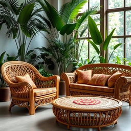 A beautifully crafted Bangladeshi cane furniture set, showcasing intricate weaving patterns and elegant designs