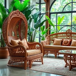 A beautifully crafted Bangladeshi cane furniture set, showcasing intricate weaving patterns and elegant designs