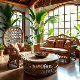 A beautifully crafted Bangladeshi cane furniture set, showcasing intricate weaving patterns and elegant designs