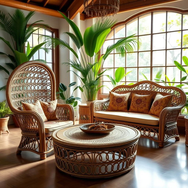 A beautifully crafted Bangladeshi cane furniture set, showcasing intricate weaving patterns and elegant designs