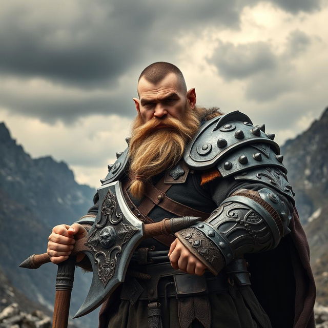 A medieval dwarf warrior, showcasing a unique look with short hair and no beard, standing boldly with a massive battle axe in hand