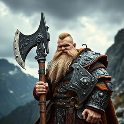 A medieval dwarf warrior, showcasing a unique look with short hair and no beard, standing boldly with a massive battle axe in hand