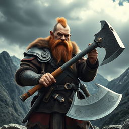 A medieval dwarf warrior, showcasing a unique look with short hair and no beard, standing boldly with a massive battle axe in hand