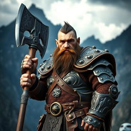 A medieval dwarf warrior, showcasing a unique look with short hair and no beard, standing boldly with a massive battle axe in hand