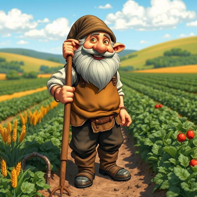 A medieval dwarf farmer, depicted with a warm smile and a sturdy build, working diligently in a bountiful field