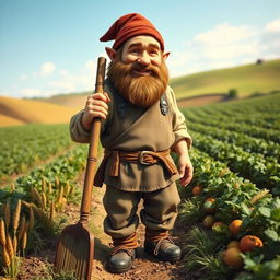 A medieval dwarf farmer, depicted with a warm smile and a sturdy build, working diligently in a bountiful field