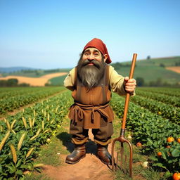 A medieval dwarf farmer, depicted with a warm smile and a sturdy build, working diligently in a bountiful field