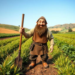 A medieval dwarf farmer, depicted with a warm smile and a sturdy build, working diligently in a bountiful field