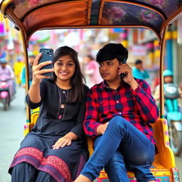A vibrant scene showcasing a boy and a girl sitting together in a colorful rickshaw