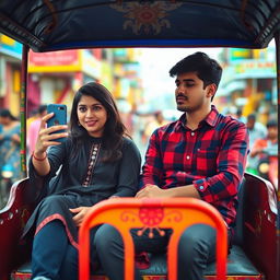A vibrant scene showcasing a boy and a girl sitting together in a colorful rickshaw