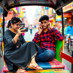 A vibrant scene showcasing a boy and a girl sitting together in a colorful rickshaw