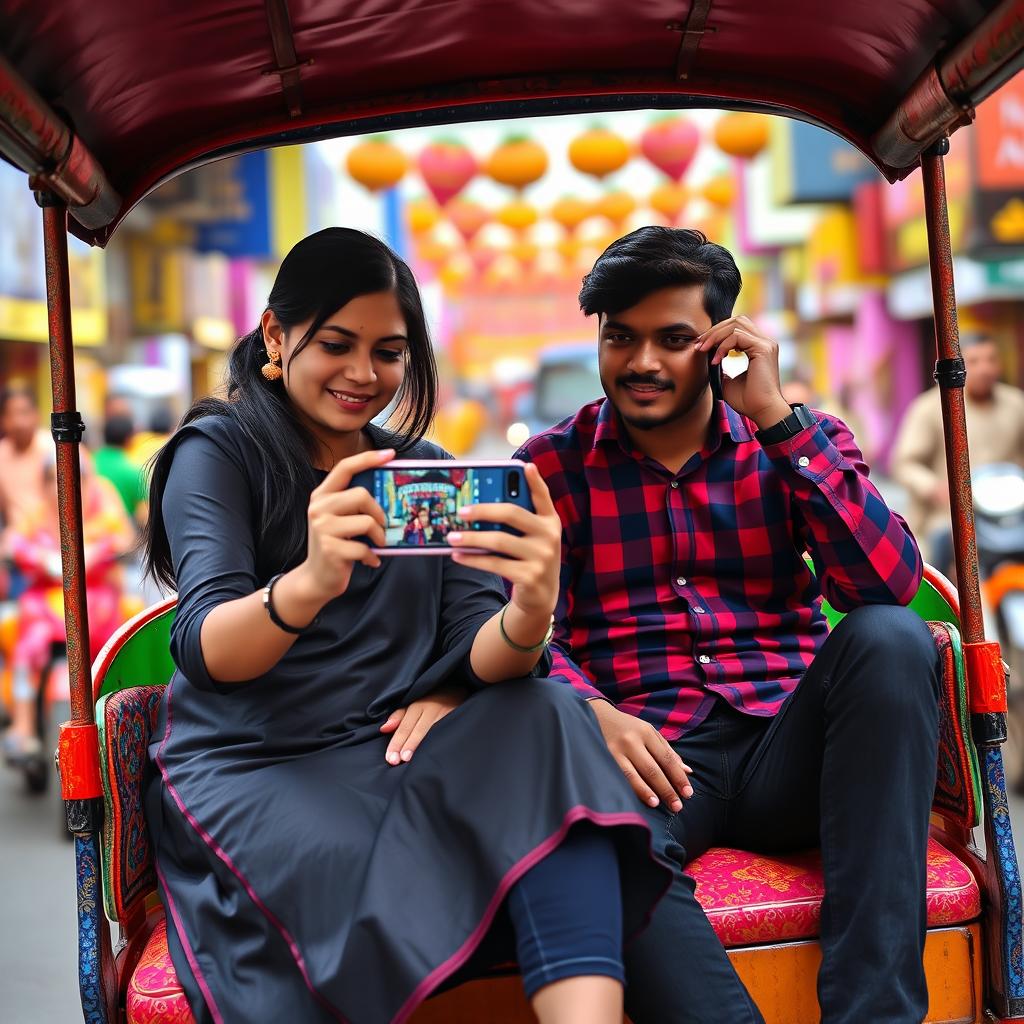 A vibrant scene showcasing a boy and a girl sitting together in a colorful rickshaw