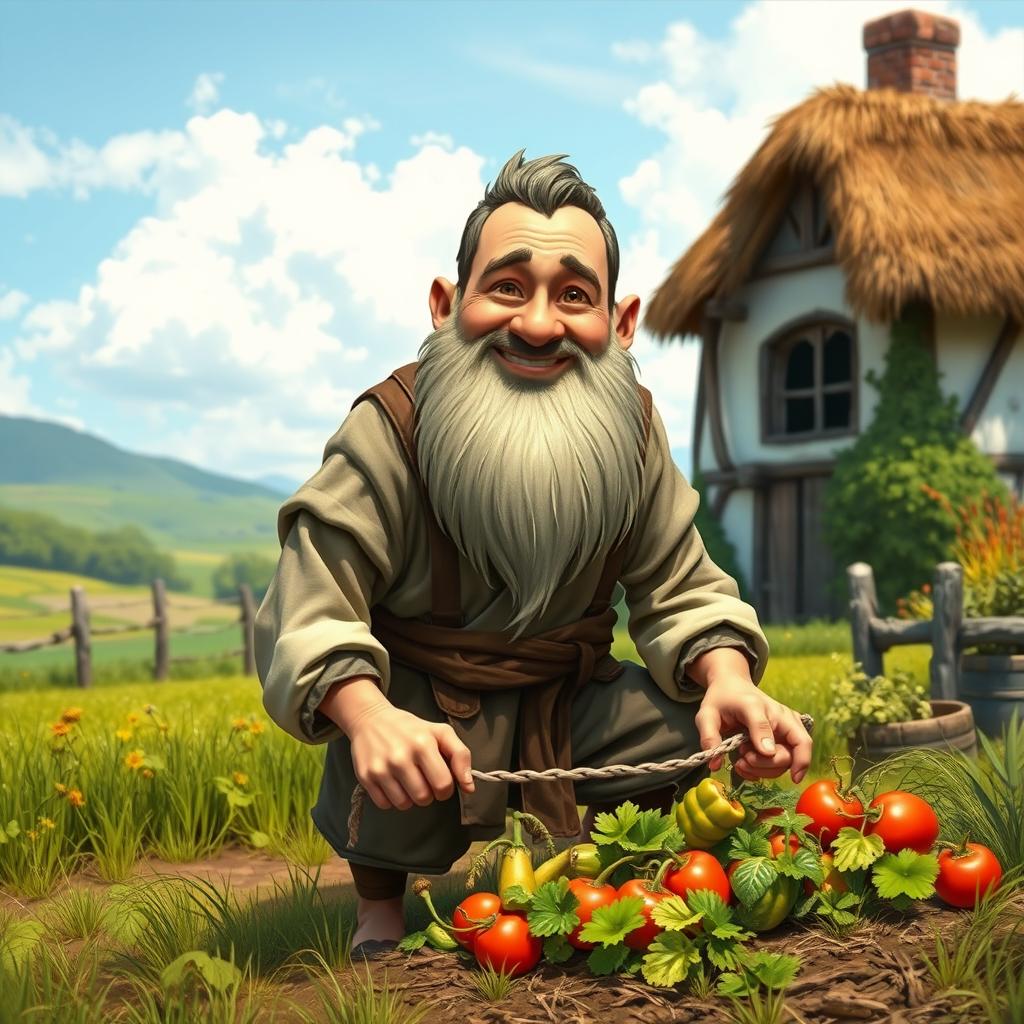 A medieval dwarf farmer without a beard, depicted in a peaceful rural setting