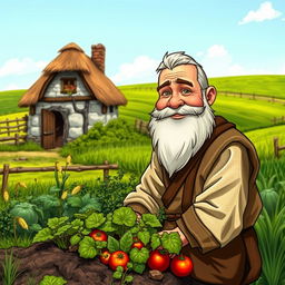 A medieval dwarf farmer without a beard, depicted in a peaceful rural setting