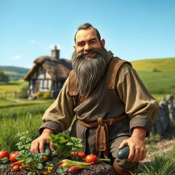 A medieval dwarf farmer without a beard, depicted in a peaceful rural setting