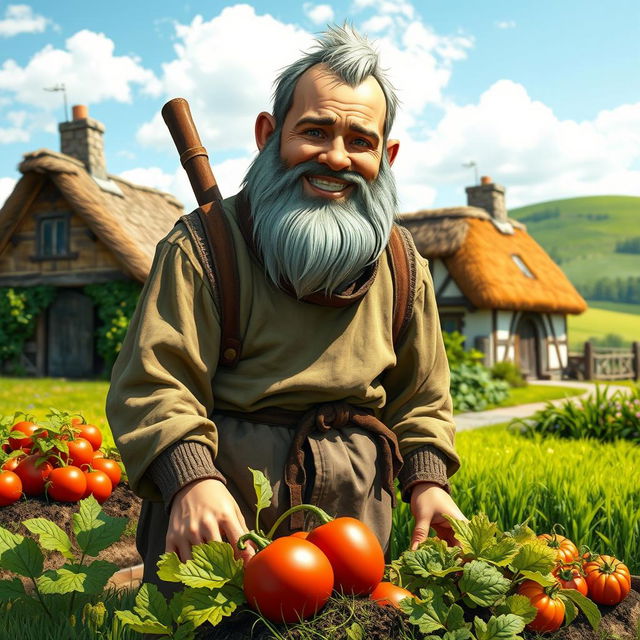 A medieval dwarf farmer without a beard, depicted in a peaceful rural setting