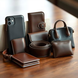 A collection of leather accessories including a sleek leather phone back cover, a stylish leather wallet, a fashionable leather belt, a chic leather handbag, and a trendy mini bag