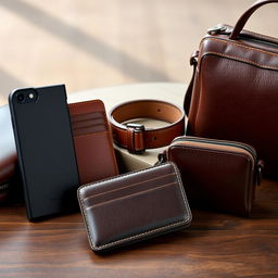 A collection of leather accessories including a sleek leather phone back cover, a stylish leather wallet, a fashionable leather belt, a chic leather handbag, and a trendy mini bag