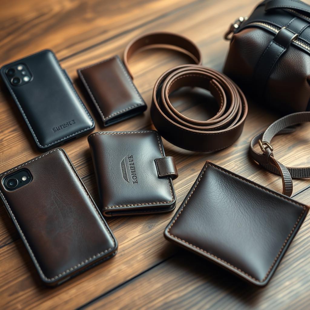 A collection of leather accessories including a sleek leather phone back cover, a stylish leather wallet, a fashionable leather belt, a chic leather handbag, and a trendy mini bag