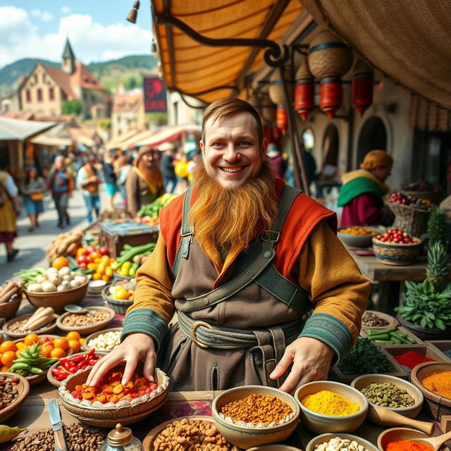 A medieval dwarf trader displaying his various goods in a lively market setting, looking directly into the camera with a welcoming smile