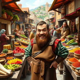 A medieval dwarf trader displaying his various goods in a lively market setting, looking directly into the camera with a welcoming smile