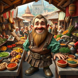 A medieval dwarf trader displaying his various goods in a lively market setting, looking directly into the camera with a welcoming smile