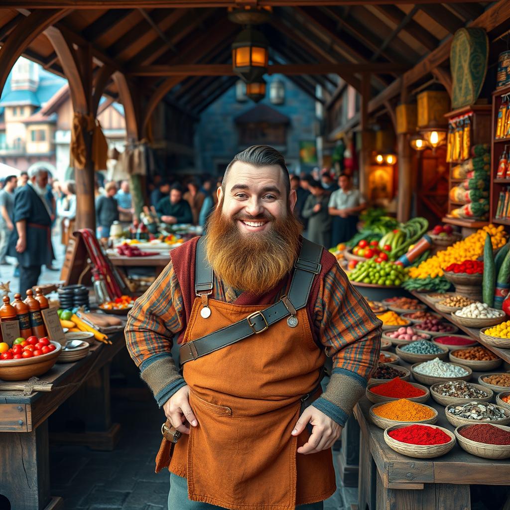 A medieval dwarf trader displaying his various goods in a lively market setting, looking directly into the camera with a welcoming smile