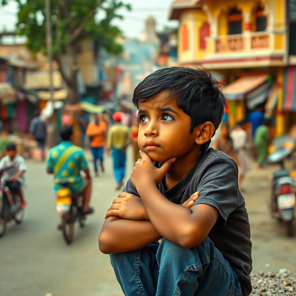 A thoughtful and contemplative young boy sitting on a street in Bangladesh, observing his surroundings with curiosity