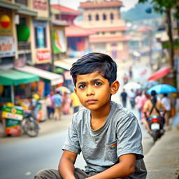 A thoughtful and contemplative young boy sitting on a street in Bangladesh, observing his surroundings with curiosity