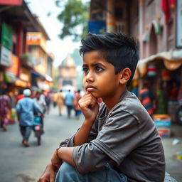 A thoughtful and contemplative young boy sitting on a street in Bangladesh, observing his surroundings with curiosity