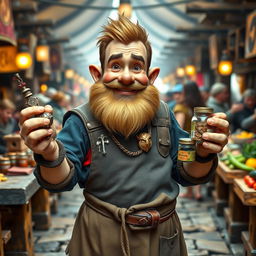 A medieval dwarf trader, cheerful and engaging, looking directly into the camera while proudly holding his goods in his hands