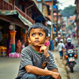 A thoughtful and contemplative young boy sitting on a street in Bangladesh, observing his surroundings with curiosity