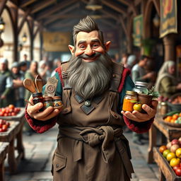 A medieval dwarf trader, cheerful and engaging, looking directly into the camera while proudly holding his goods in his hands