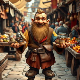 A medieval dwarf trader, cheerful and engaging, looking directly into the camera while proudly holding his goods in his hands