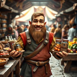 A medieval dwarf trader, cheerful and engaging, looking directly into the camera while proudly holding his goods in his hands