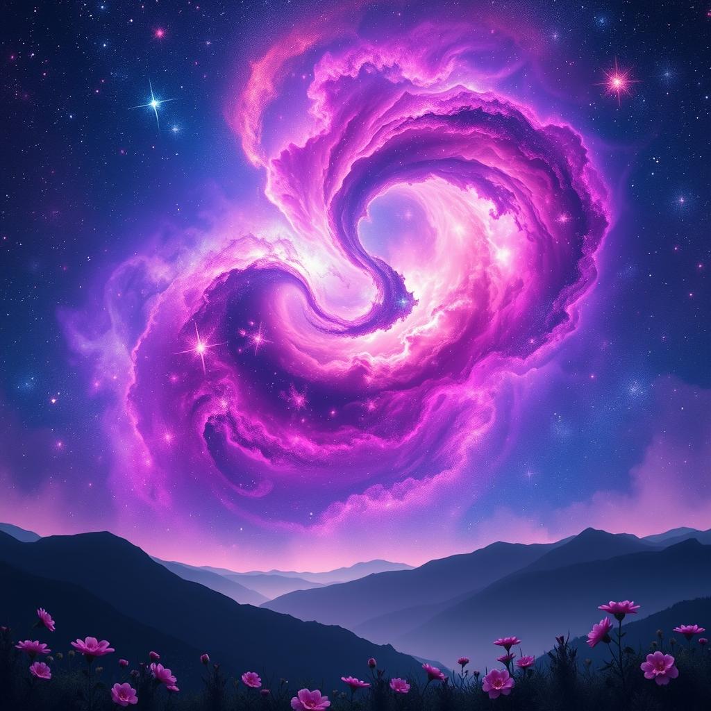 An enchanting scene of a breathtaking galaxy with vibrant cosmic colors, swirling nebulae in hues of purple, blue, and pink, sprinkled with dazzling stars