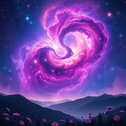 An enchanting scene of a breathtaking galaxy with vibrant cosmic colors, swirling nebulae in hues of purple, blue, and pink, sprinkled with dazzling stars
