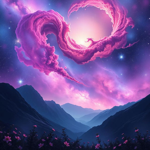 An enchanting scene of a breathtaking galaxy with vibrant cosmic colors, swirling nebulae in hues of purple, blue, and pink, sprinkled with dazzling stars